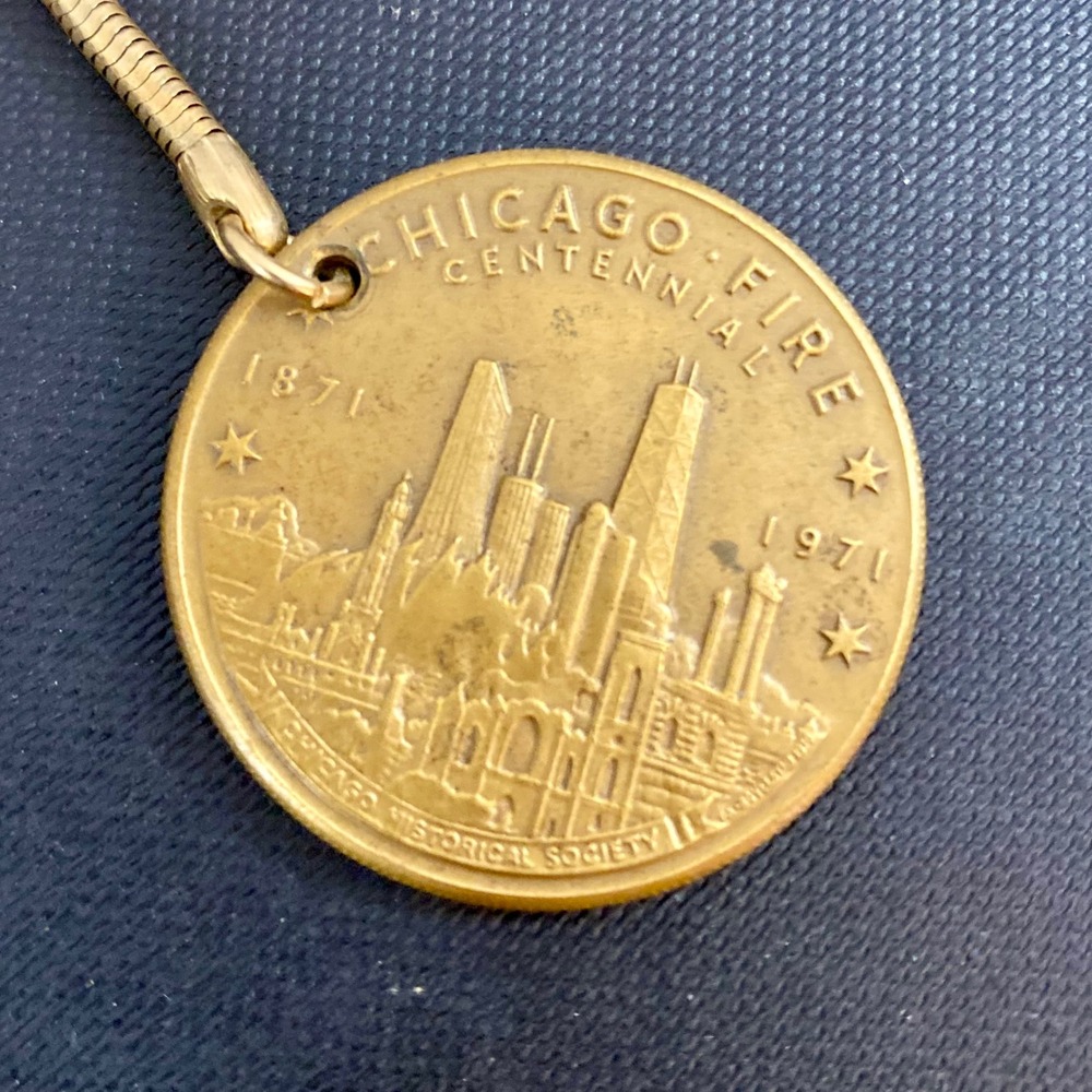 1971 Chicago Fire Centennial Bronze Medal Token Keychain City Seal Rovelstad